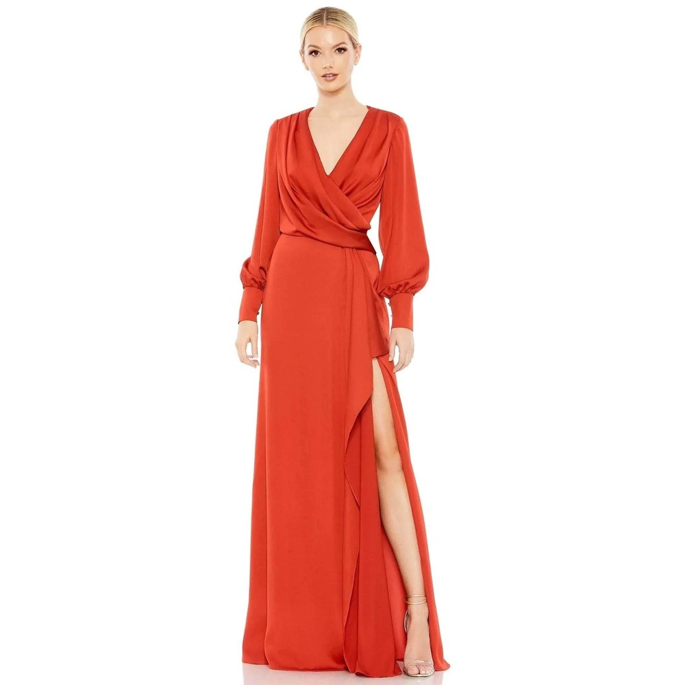 Ieena for Mac Duggal Brick Red Long Sleeve Wrap Gown 26895 Size 2